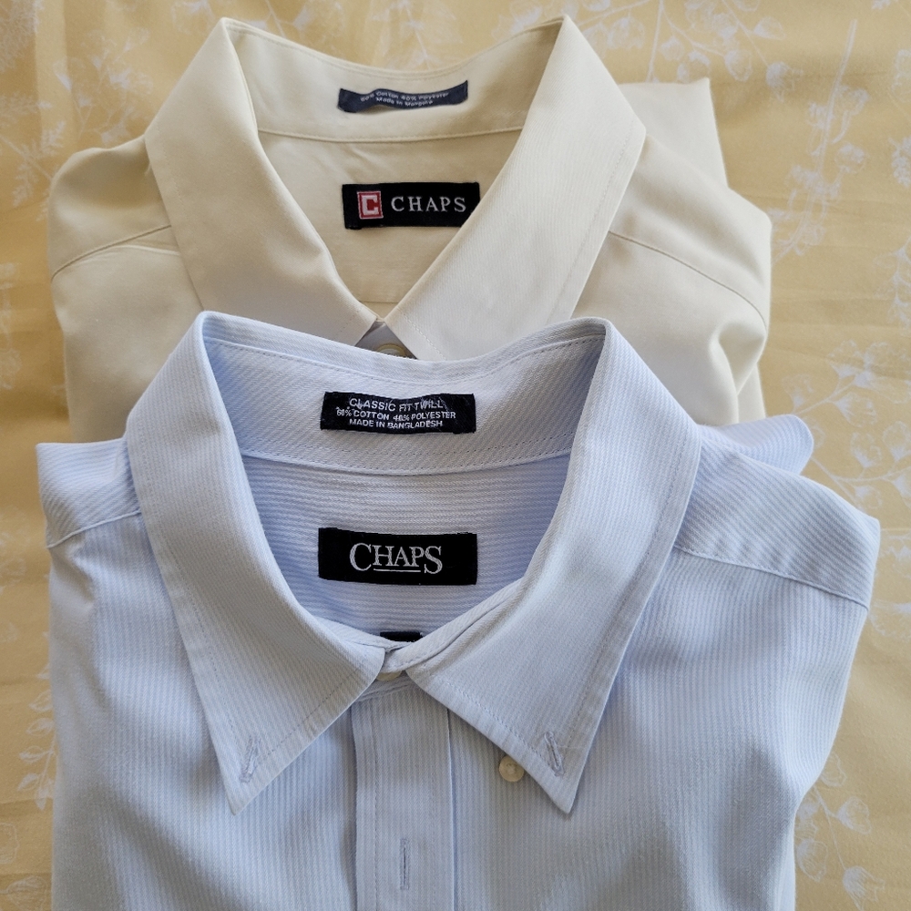 Bundle 2 Mens 16-16 1/2 Chaps Button Down Dress Shirts Beige and Blue Stripe